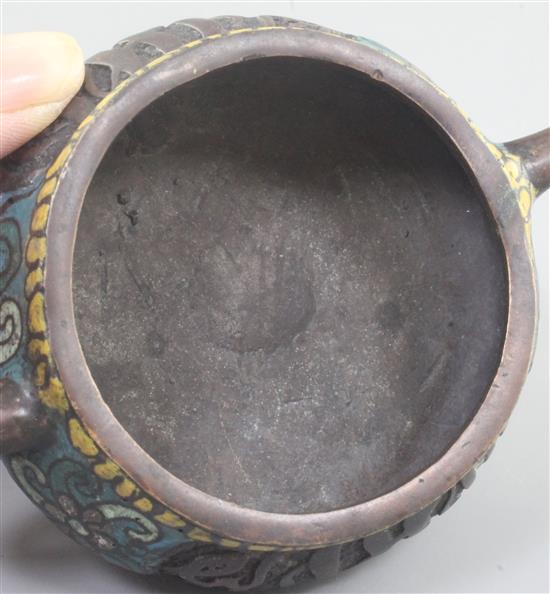 A Chinese bronze and champleve enamel two handled censer, width 11cm